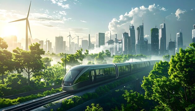 Sustainable cityscape with modern train.