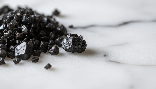 Black Hawaiian lava sea salt crystals on white Carrara marble macro
