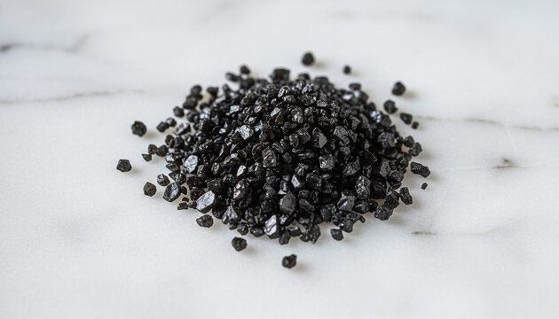 Black Hawaiian lava sea salt crystals on white Carrara marble macro