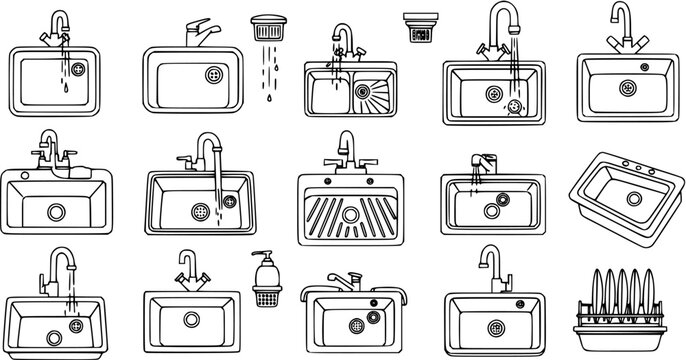 Black and White Line Art Icons Set of Kitchen and Bathroom Sinks, Faucets, and Plumbing Fixtures for Household Design