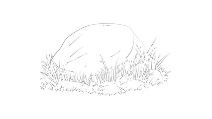Single hand drawn stone with grass tufts for garden landscape or nature scene decoration. © Sara Studio