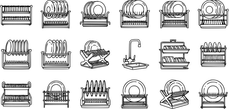Kitchen Dish Racks and Drainers Line Art Icons Set. Home Houseware Plate Holders, Drying Racks, and Sink Faucet Outline Black and White Sketches for Domestic Use.