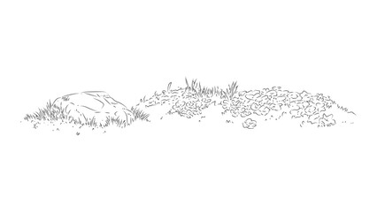 Rocky meadow landscape sketch with wild stone and grass tufts for rural scenery background. © Sara Studio