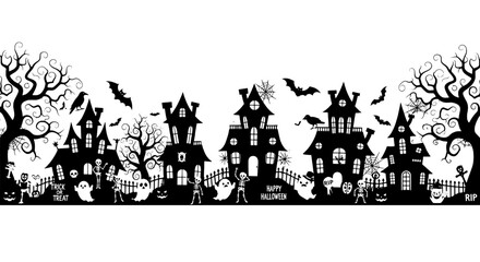 Fototapeta premium Halloween cemetery illustration with crooked haunted houses, bats, tombstones, and swirling ghostly smoke on a black backdrop