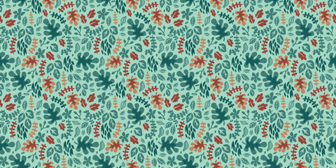 Seamless Tropical Jungle Leaf Pattern with Exotic Foliage on Teal Background for Summer Fashion and Coastal Home Decor © Deepak