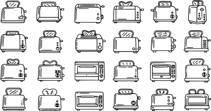 Black and White Line Art Collection of Toasters and Microwaves, Kitchen Appliances Icon Set