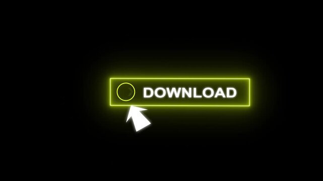 Glowing neon red color white text cursor animation pointing towards download button in looping with transparent background.
