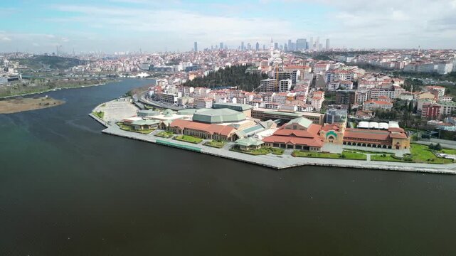 Istanbul Halic Congress Center and Golden Horn Channel, circling shot