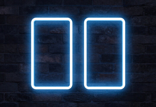 vibrant captures two glowing rectangular neon frames illuminated textured dark brick wall creating striking contrast