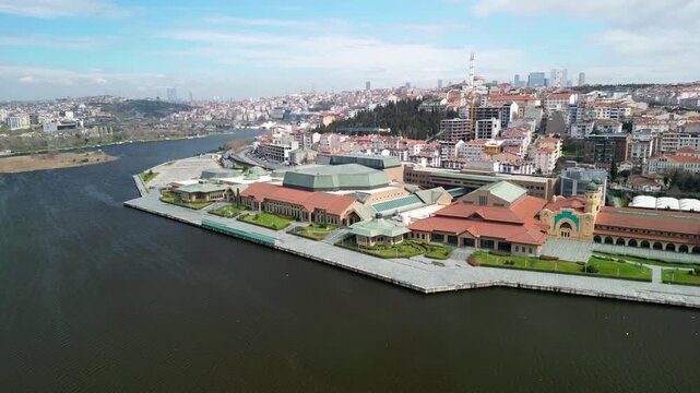 Istanbul Halic Congress Center and Golden Horn Channel, fly back shot