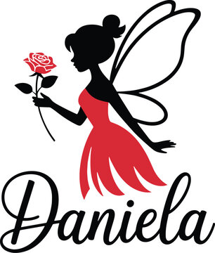 Silhouette of a fairy in red dress holding a rose vector illustration EPS PNG file 