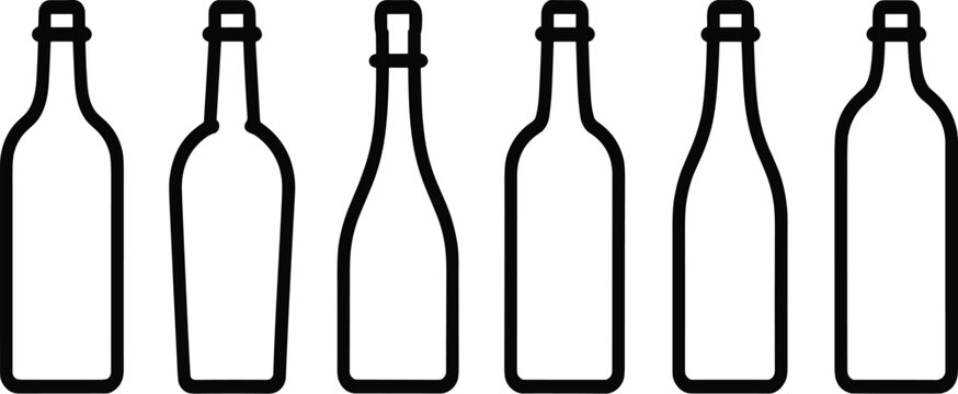 Set of six minimal black outline bottles with various shapes vector illustration EPS PNG file 