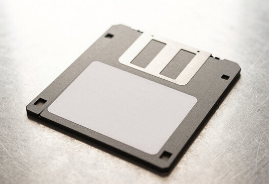 vintage floppy disk blank label lies scratched metal surface soft warm lighting captured shot highlighting