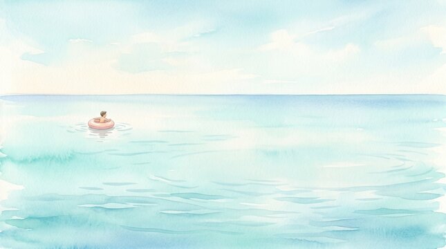 A person floats on a pink ring in the calm blue ocean under a bright sky during the day