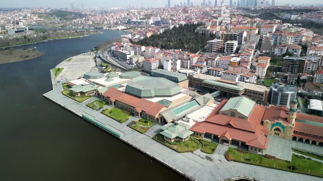 Istanbul Halic Congress Center and Golden Horn Channel fly upwards shot