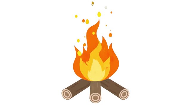 A 2D flat vector animation of a cozy campfire features bright orange and yellow flames dancing on wooden logs. Gentle embers and sparks drift upward against an isolated white studio background, great 