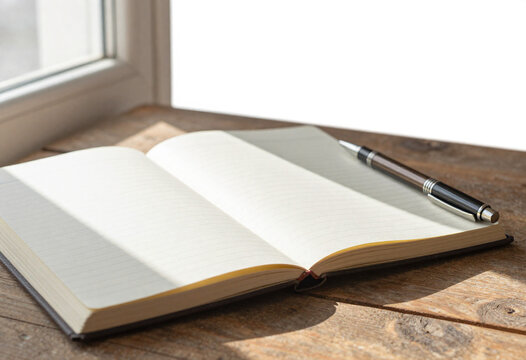 weathered blank lined ledger book lies open rustic wooden desk bathed soft morning light filtering nearby window