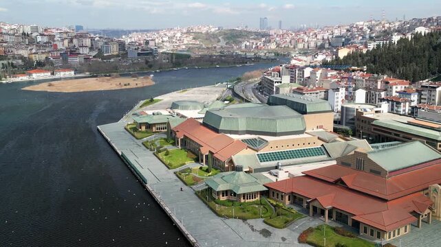 Halic Congress Center in Istanbul, drone low flight, zoom-out
