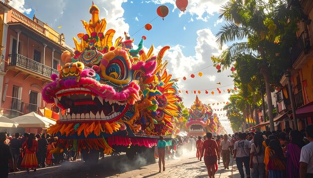 Vibrant dragon dance street festival celebration.