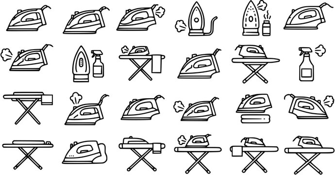 Black  White Line Art Icons Set for Laundry and Home Care Industry featuring various Irons, Ironing Boards, and Spray Bottles