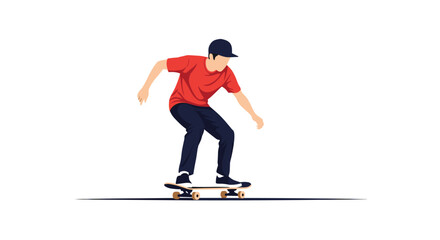 Obraz premium Cool skateboarder in a red t-shirt and blue cap performs a trick on a skateboard against a white background.