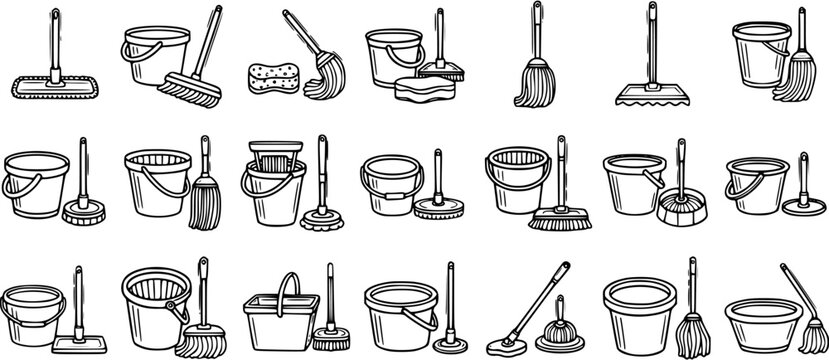 Black and White Line Art Vector of Cleaning Tools: Mops, Buckets, Brooms, and Sponges