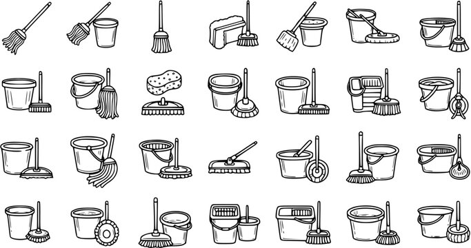 Cleaning Supplies and Housekeeping Tools Black and White Line Art Icons Set. Hand Drawn Mops, Brooms, Buckets, and Sponges for Domestic Chores and Sanitation.