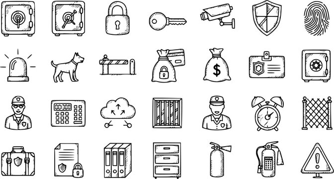 Hand-drawn Black  White Line Art Doodle Icons Set for Security, Safety, Finance, and Law Enforcement Themes