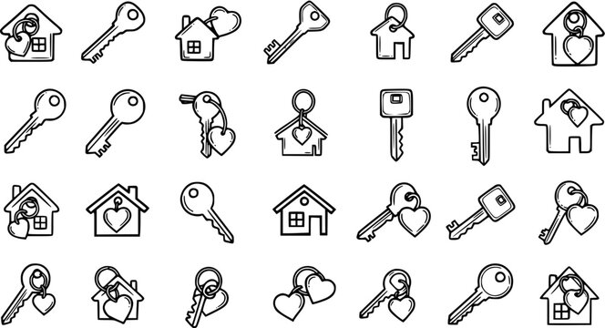 Black and White Line Art Icons of Keys and Houses, Real Estate Concept