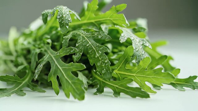 Fresh Arugula Leaves with Water Droplets on a White Surface.