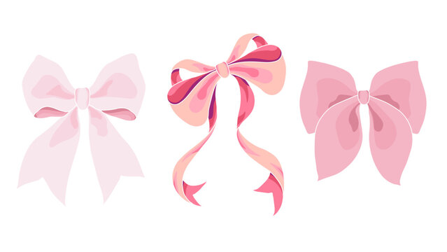 Cute Pink Ribbon Bow Illustration Set &ndash; Aesthetic Decorative Gift, Valentine, Wedding, Feminine Design Elements Vector v2