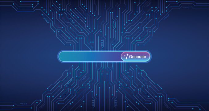 Colorful gradient AI Prompt Bar and generate button circuit and blue blurred sphere background template. trendy, futuristic gradient artificial intelligence shape vector illustration.
