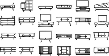 Black and White Line Art Icons of Modern TV Stands and Cabinets for Home Entertainment © pixsource