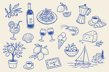 Italian Food Travel Elements Naive Blue Ink Sketch Vector © Victoria