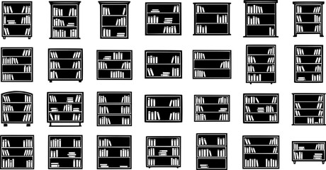 Black and white icon set of various bookshelves and bookcases, library storage furniture, simple vector illustration © pixsource