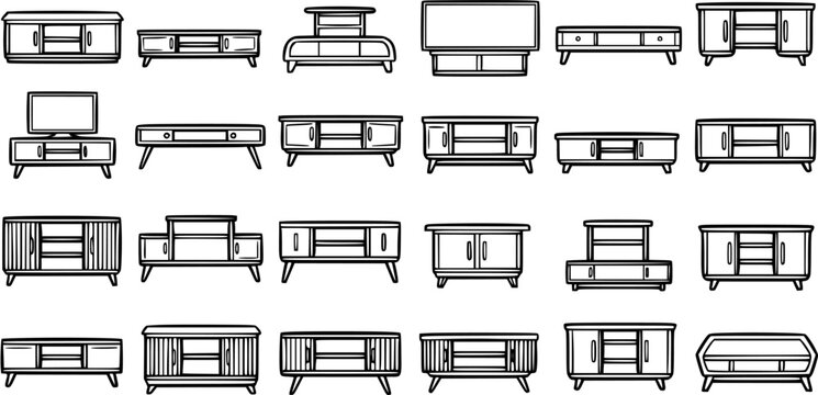 Black and White Line Art of Various Modern TV Stands and Media Consoles