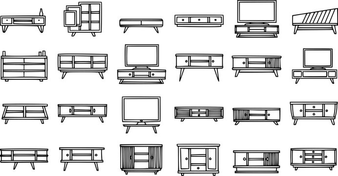 Black and White Line Art Icons of Modern TV Stands and Cabinets for Home Entertainment