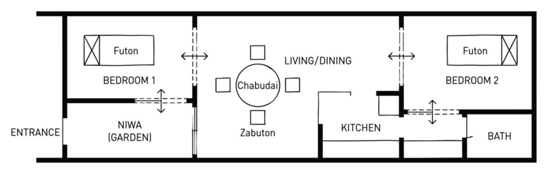 Japanese apartment floor plan with bedrooms, living area, garden, kitchen, and bath.