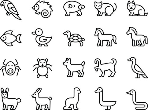 Animal icons set with bird, chameleon, fish, dog, cat, horse, rabbit, spider, turtle, minimalist line art, wildlife, pets, nature symbols