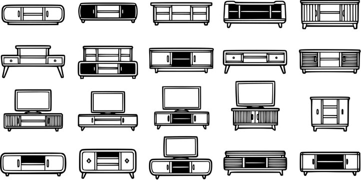 Black and White Line Art Collection of Various TV Stands and Media Consoles