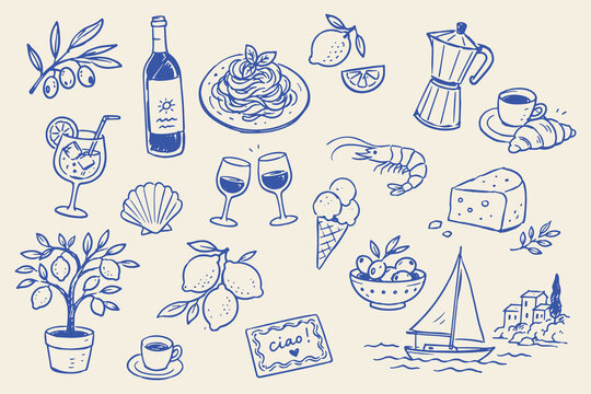Italian Food Travel Elements Naive Blue Ink Sketch Vector