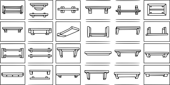 Black and White Line Art of Various Shelf Designs for Home or Office Interior Decoration