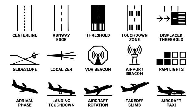 Airport runway signs and symbols for navigation and guidance systems