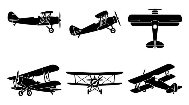 Vintage biplane airplanes in various flying positions and angles shown