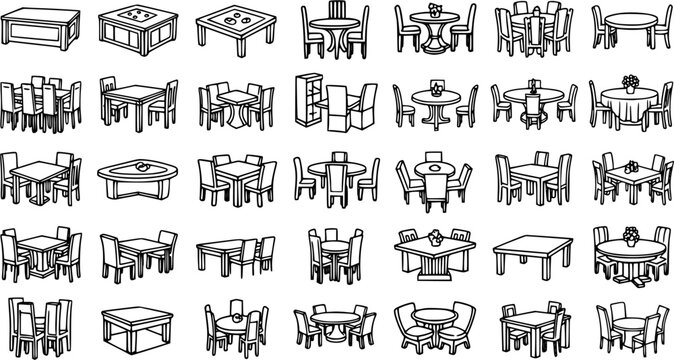 Black and White Line Art Collection of Dining Tables and Chairs for Interior Design