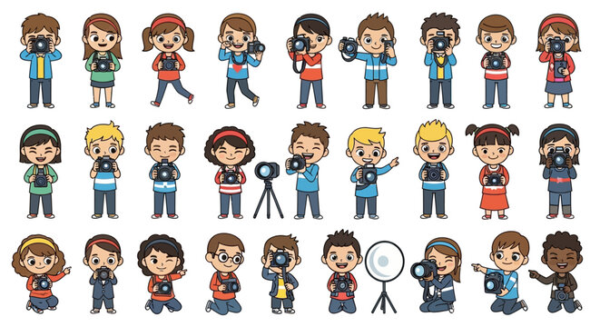 Cartoon people holding various filming equipment.