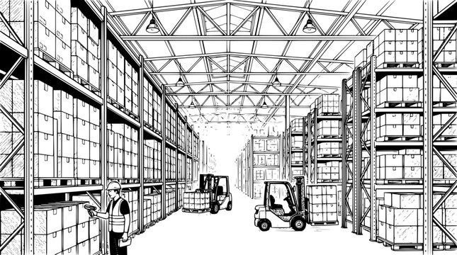 Warehouse worker managing inventory with forklifts and shelving units inside