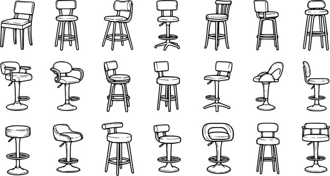 Black and White Line Art Vector Illustration of Assorted Bar Stools