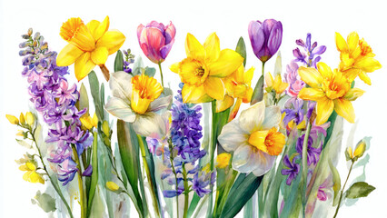 Obraz premium Vibrant spring flowers including daffodils, tulips, and hyacinths bloom together in a colorful garden scene with lush greenery and natural beauty.