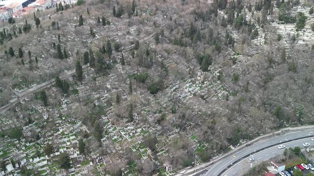 Eyup Cemetery hill in Istanbul, zoom-in shot